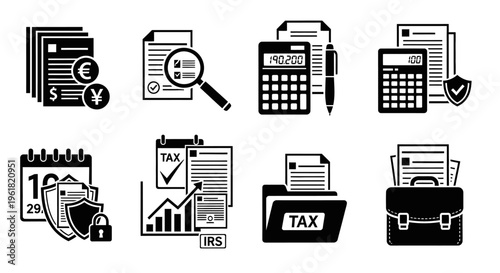 Financial documents and tax icons are shown on a business background