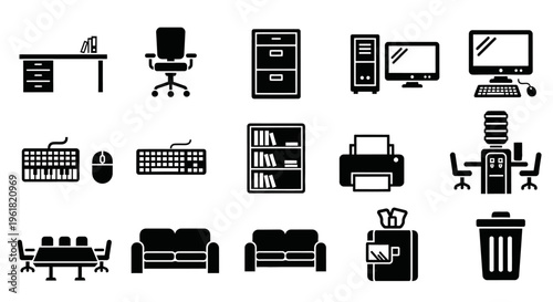 Office icons depict various furniture and equipment in business settings.