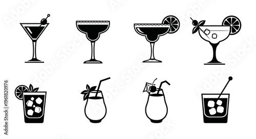 Eight illustrations of various cocktails and mixed drinks on a white background