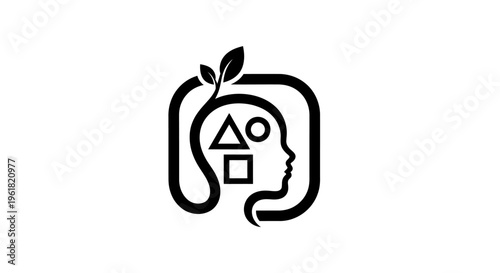 A minimalist line drawing depicts a human head with a plant growing out of it, symbolizing growth and knowledge.