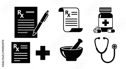Medical icons illustrate prescription, medication, stethoscope, and mortar.