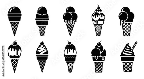 A colorful assortment of ice cream cones with various scoops displayed on a table.