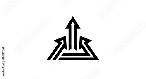 A graphic illustration of three arrows pointing upwards and outwards in a triangular formation.