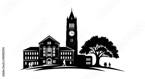 A serene university campus scene with a clock tower, buildings, tree, and people walking around.