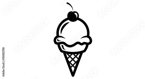 A detailed illustration of a single ice cream cone with a cherry on top