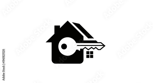 A house with a large key inserted into its lock is shown.