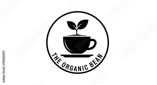 A logo illustration of a coffee cup with a plant growing from it represents The Organic Bean brand.