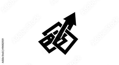 Black arrow rises through geometric shapes in graphic illustration