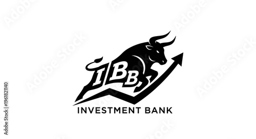A black bull illustration depicts an investment bank's logo with letters on a rising arrow.