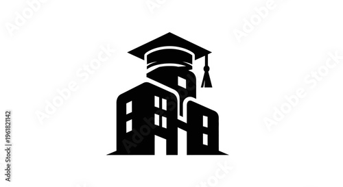 Graduation cap sits atop a stack of buildings in a cityscape scene
