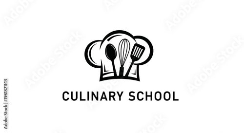 A culinary school logo features a chef's hat with utensils on a sign.