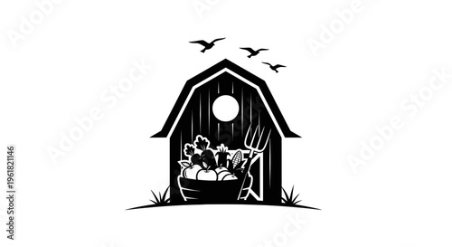 People gather around a manger in a rustic barn at night.