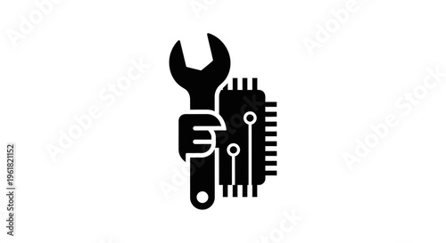 A hand holds a wrench and a comb with keys on a workbench indoors.