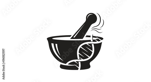 A black illustration of a mortar with a pestle and DNA model inside