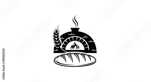 A baker takes out freshly baked bread from a hot brick oven with wheat.