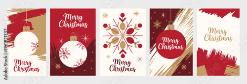Set of five christmas greeting cards with red and gold brush strokes featuring hanging baubles and snowflakes with merry christmas typography in a flat style