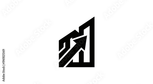 A black arrow graphic illustration points upward within a geometric shape.