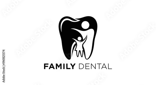 A black and white illustration of a family dental logo featuring a tooth.