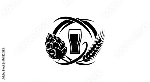 An illustration of a glass of beer surrounded by hops and wheat