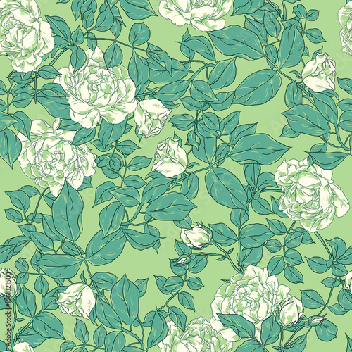 Seamless floral pattern with white roses on a green background.