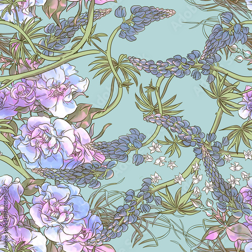 Seamless floral pattern with garden flowers.