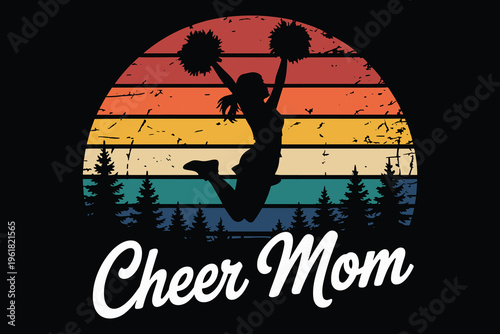 Cheer mom with jumping cheerleader silhouette and retro sunset stripes