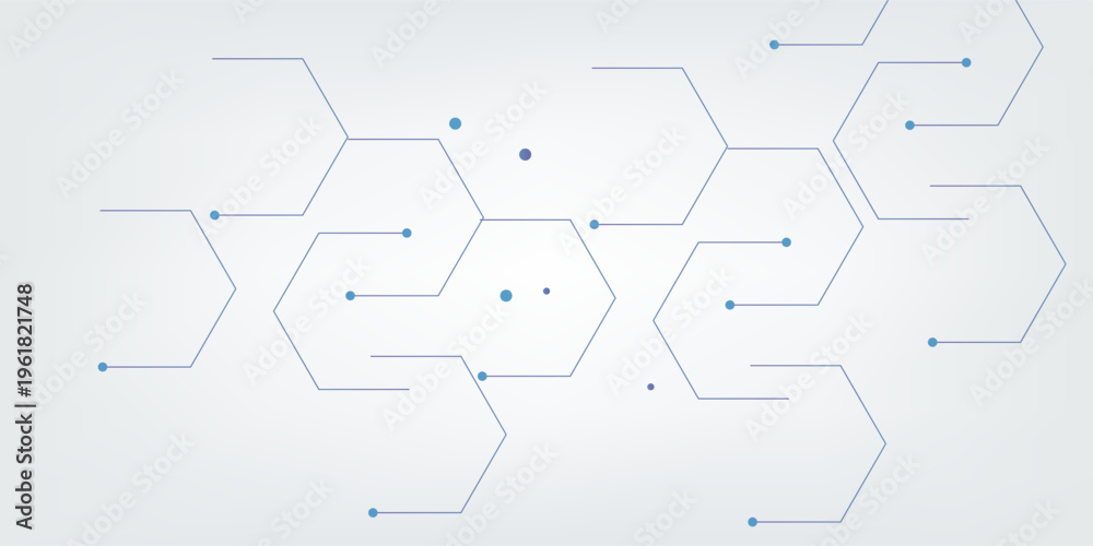 Obraz premium Abstract Blue and White Technology Network Vector Background with Molecular Geometric Hexagons