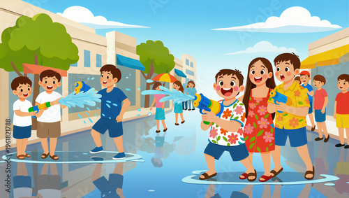 Cute cartoon illustration of children celebrating Songkran festival with water guns on a sunny street, featuring floral shirts and a joyful summer atmosphere.bright and cheerful 2D vector-style 