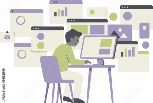 A person works on a computer surrounded by various digital screens and graphs in an office.