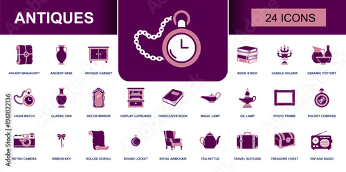 Antiques icon set. Containing ancient manuscript, pocket watch, ceramic pottery, oil lamp, retro camera, treasure chest, vintage radio and more. Solid vector icons collection for decor.