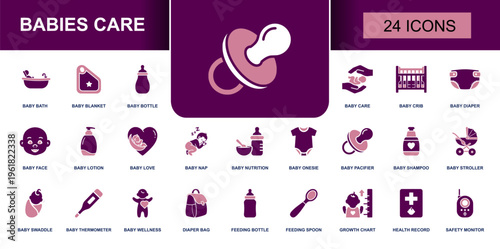 Babies care icon set. Containing baby bottle, diaper, pacifier, stroller, thermometer, growth chart, health record, feeding spoon and more. Solid vector icons collection for childcare use.