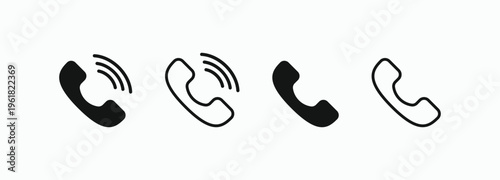 Four phone icons float side by side. Two are dark, two are light. Waves curl from each handset. Simple design shows call or message. Ideal for contact, communication, or service themes