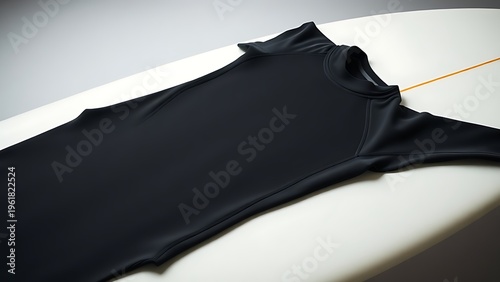 rashguard. A sleek black rashguard laid flat on a surfboard, showcasing matte texture and seams. lifestyle magazines, social media lookbooks, designed for influencer and brand collaborations.