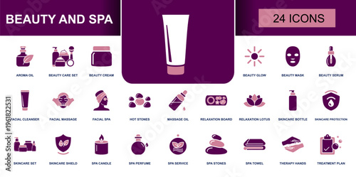Beauty and spa icon set. Containing beauty mask, facial massage, skincare bottle, aroma oil, hot stones, spa candle, therapy hands and more. Solid vector icons collection for wellness use.
