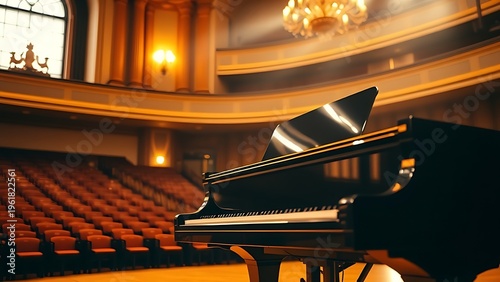 chords. Grand piano in a concert hall, softly lit to highlight its artistic and musical essence. event programs, museum guides, designed for cultural heritage projects and event programs.