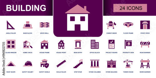 Building icon set. Containing angle ruler, brick wall, cement mixer, glass window, house, office block, project board, safety helmet, crane, barrier and more. Solid vector icons collection.