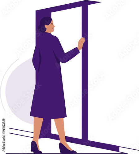 Woman standing next to a large empty frame indoors looking at it
