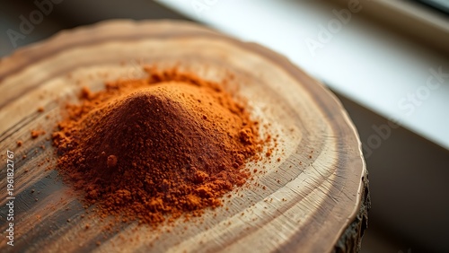 ancho. Pile of brick-red ancho chili powder on rustic wooden board. menu design, packaging mockups, designed for culinary blogs and recipe cards for restaurants, inspires cooking.