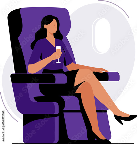 Woman sitting comfortably in airplane seat drinking champagne