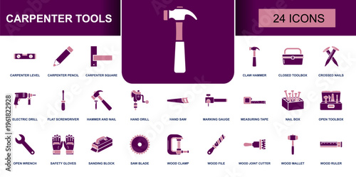 Carpenter tools icon set. Containing hammer, drill, saw, toolbox, nails, screwdriver, measuring tape, clamp, file, mallet, gloves and more. Solid vector icons collection for woodworking.