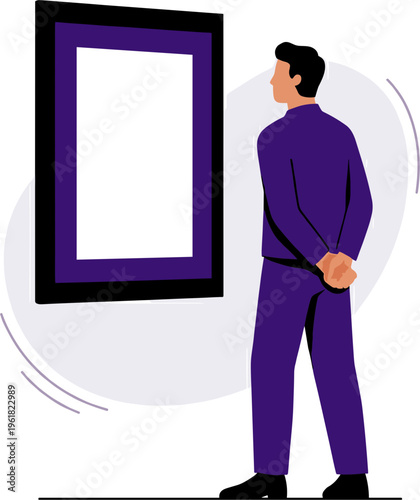Man looks at blank frame in purple outfit standing inside