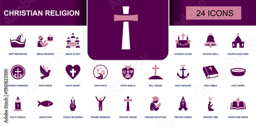 Christian religion icon set. Containing baptism, Bible study, church bell, altar, cross, dove, holy Bible, prayer hands, worship, faith shield and more. Solid vector icons collection.