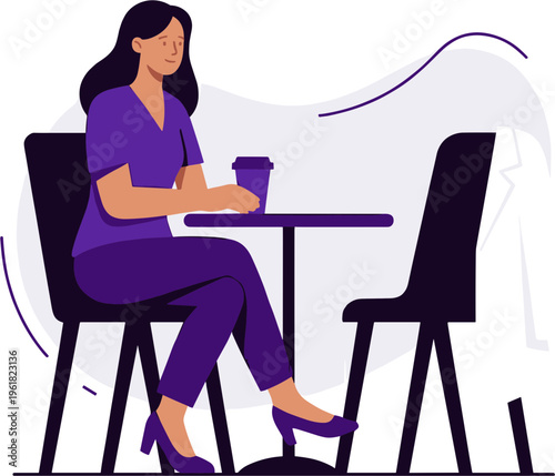 Woman sits alone at table with chair indoors drinking coffee.