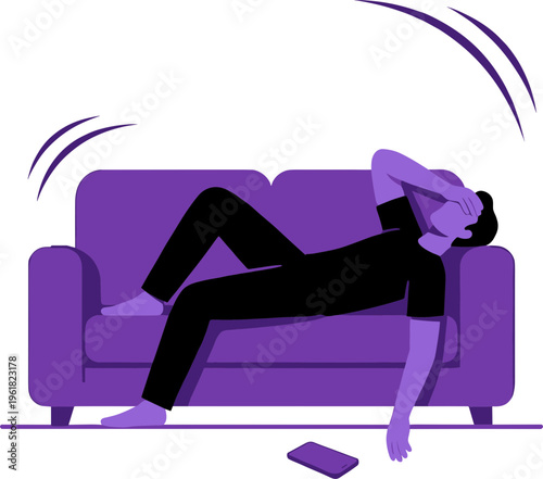 Person lying on couch with phone dropped, showing anxiety or sadness in living room.
