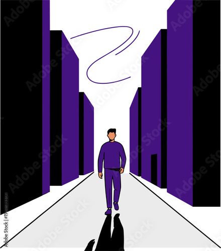 A man walks down a futuristic city street with purple buildings