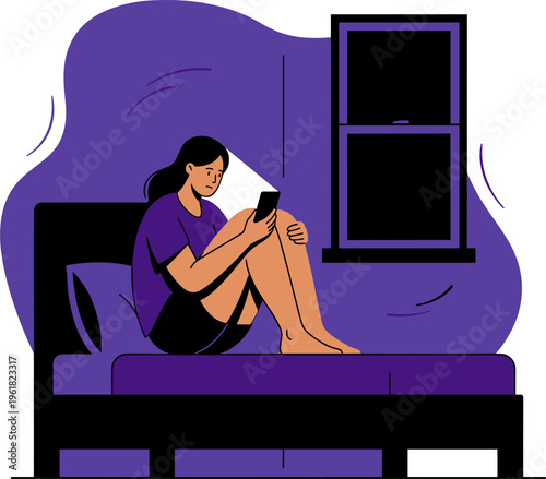 Woman sits on bed reading phone in purple bedroom by window