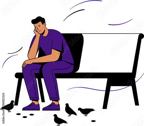 A man sits on a bench feeling sadness with pigeons around him.
