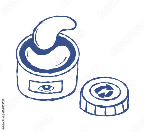 Reusable Silicone Eye Patches in Cosmetic Jar. Sustainable Under Eye Mask Routine and Recyclable Packaging. Vector Illustration Isolated Outline Blue Hand Drawn on White.