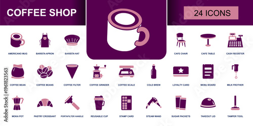 Coffee shop icon set. Containing mug, apron, cafe chair, cash register, coffee beans, grinder, scale, shop menu board, reusable cup, steam wand and more. Solid vector icons collection.