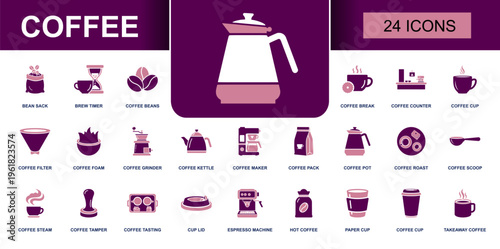 Coffee icon set. Containing bean sack, brew timer, coffee beans, filter, grinder, kettle, maker, roast, tamper, espresso machine, paper cup and more. Solid vector icons collection.